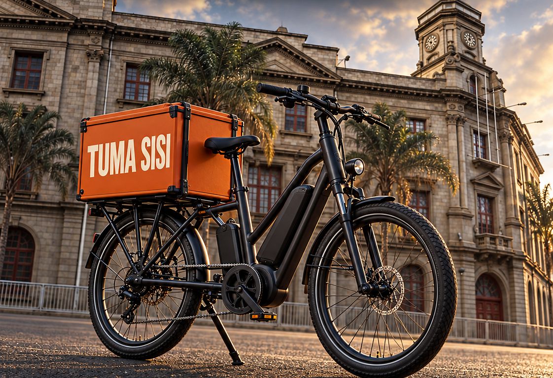A black e-bike with an orange Tuma Sisi delivery box parked outside a historic Nairobi building at sunset.